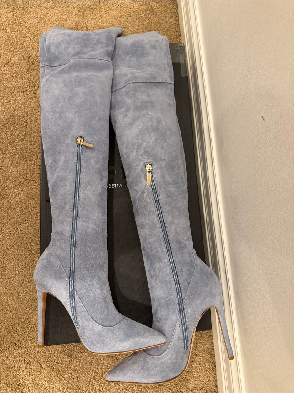 Elisabetta Franchi Ice Blue Stretch Suede Over The Knee Boots EU 37 NWT - Picture 10 of 11